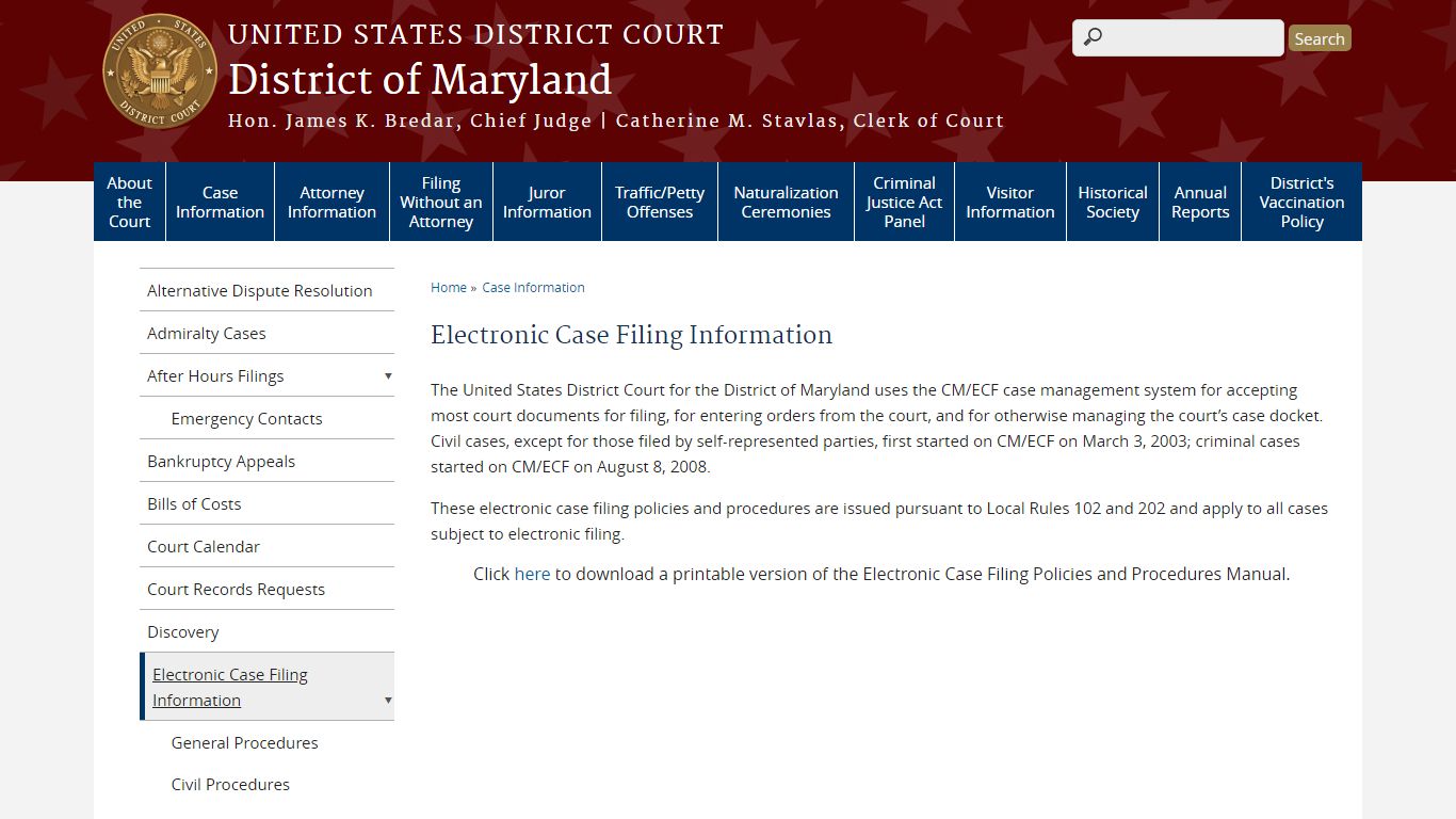 Electronic Case Filing Information | District of Maryland | United ...